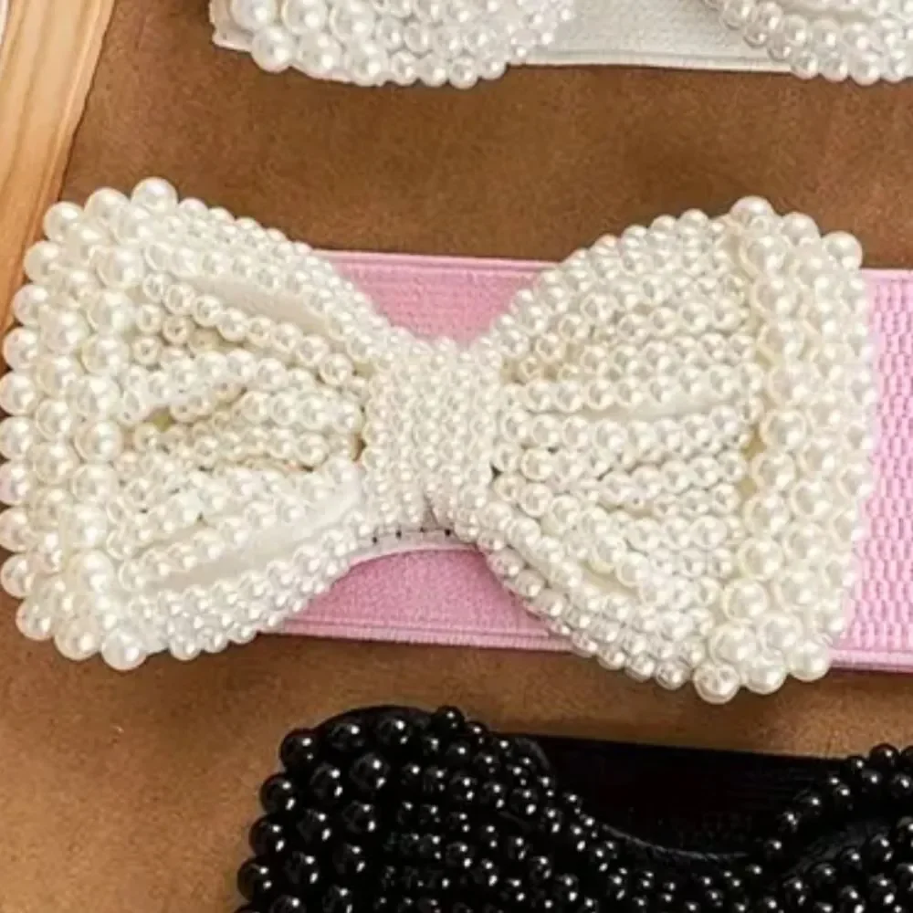 ♡♡♡Faux Pearl Large Bow Wide Stretch Dress Belt Cream Pink Party CLub Wear
